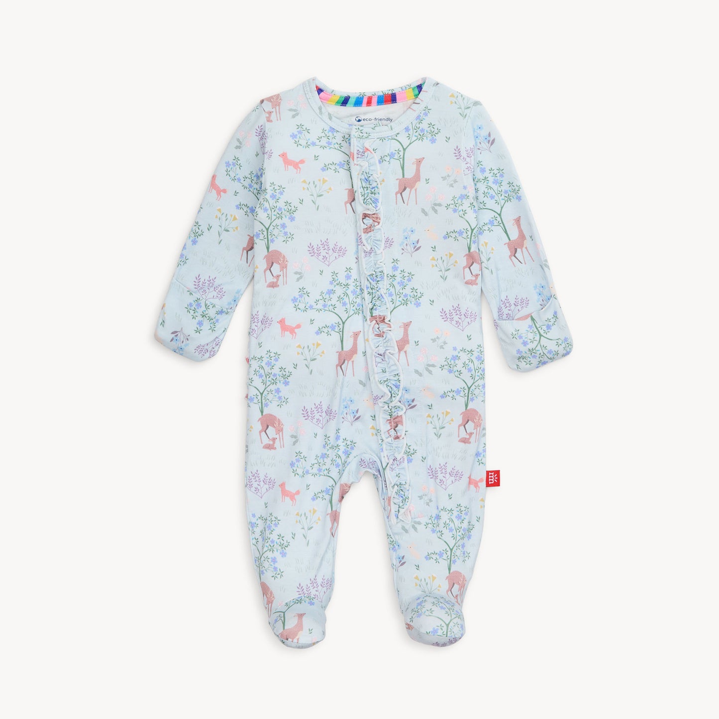 Baby onesie with animal print on a white background