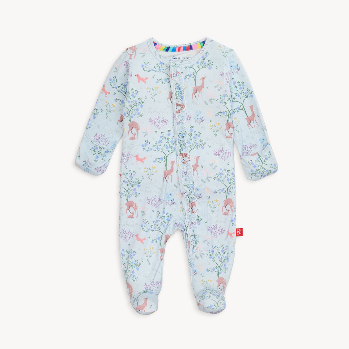 Baby onesie with animal print on a white background
