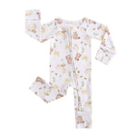 Baby onesie with teddy bear and rainbow pattern on a white background