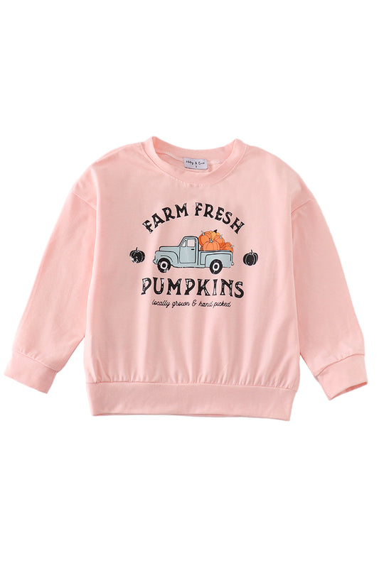 A long sleeve pink sweatshirt with 'Farm Fresh Pumpkins' text and a cartoon pumpkin graphic on the front.