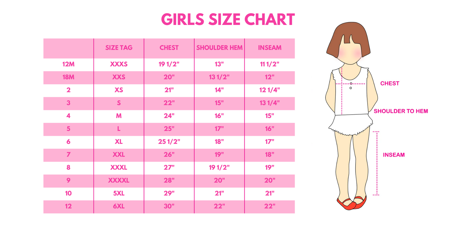Girls size chart with measurements on a pink background