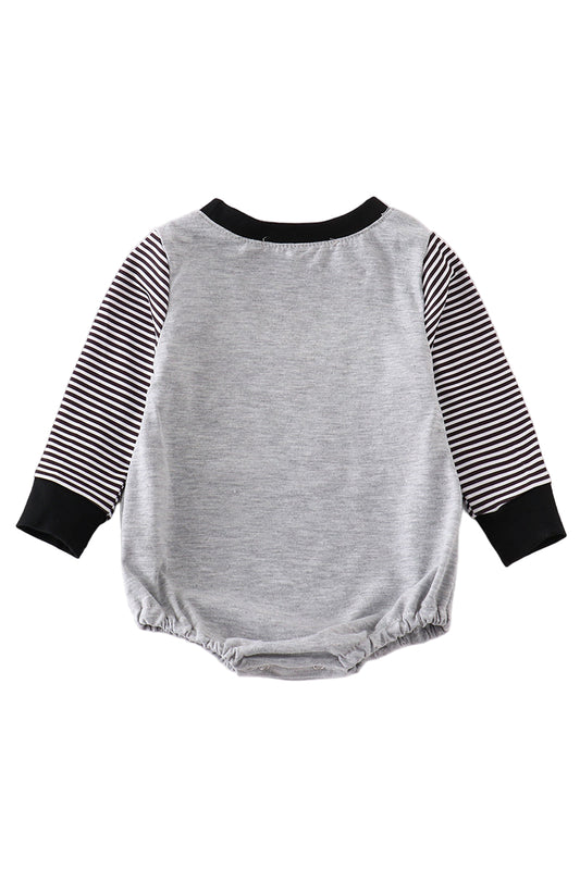 Gray baby romper with black and white striped sleeves on a white background