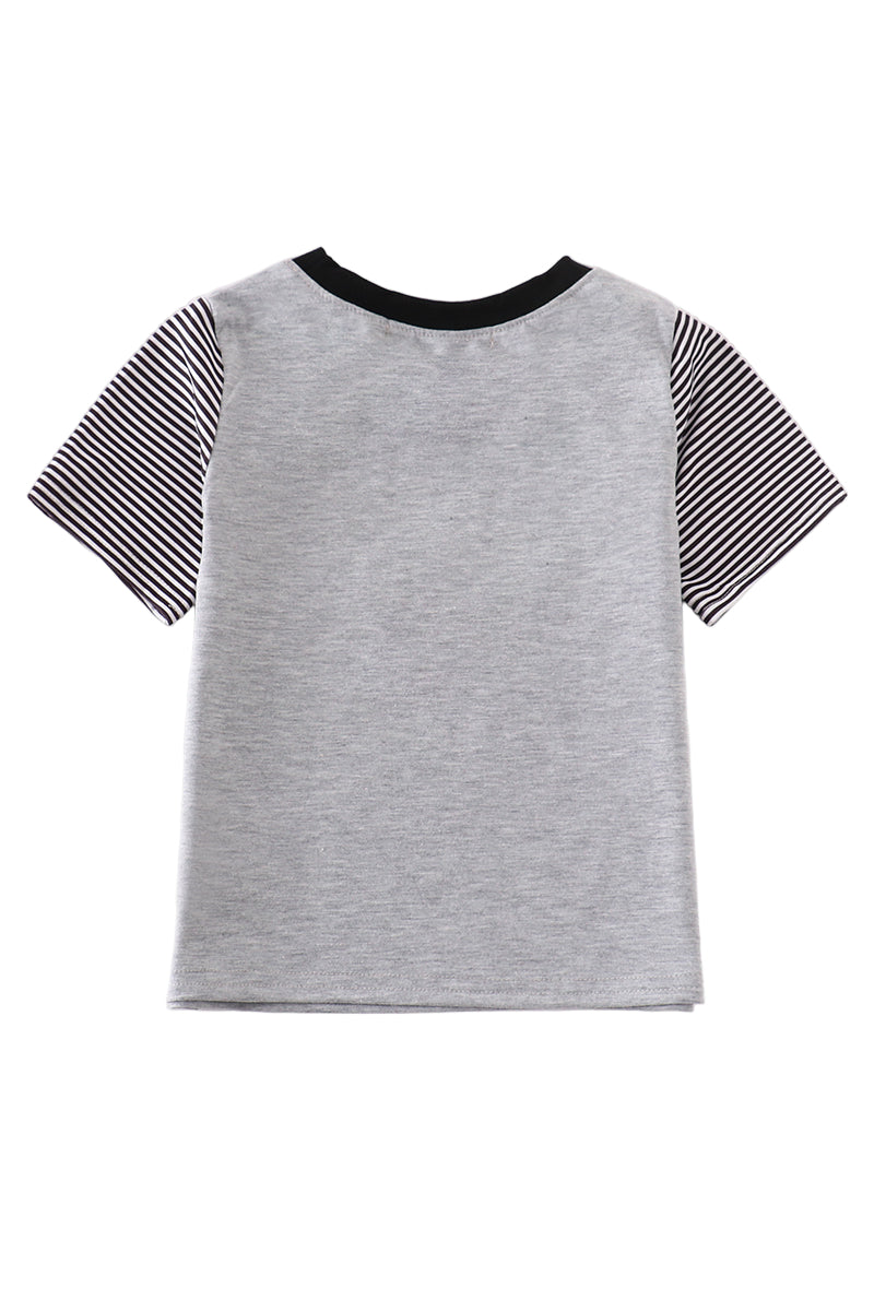 Gray t-shirt with black and white striped sleeves on a white background