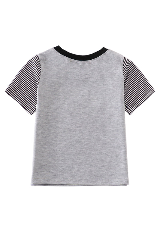 Gray t-shirt with black and white striped sleeves on a white background