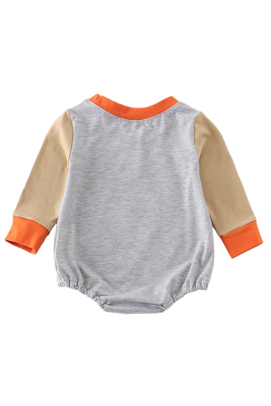 Back Gray baby romper with orange and beige sleeves on a white background