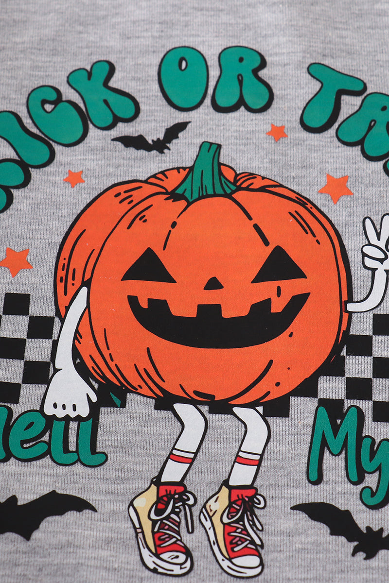 Gray shirt with a cartoon pumpkin character and 'Halloween' text on a checkered background