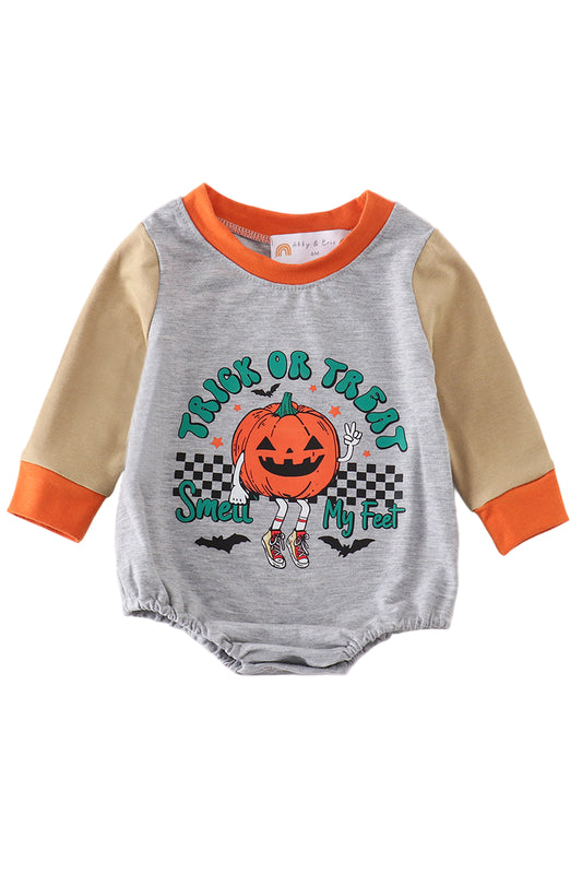 A Halloween-themed long sleeve romper for babies featuring a pumpkin design with the text 'Trick or Treat'