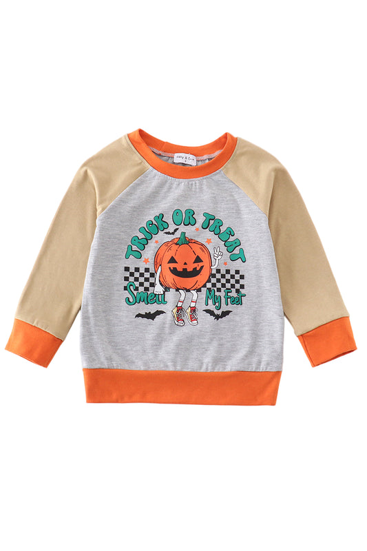 A long sleeve top with pumpkin design and text 'TRICK OR TREAT' on the front, with beige sleeves and a gray body, suitable for Halloween.