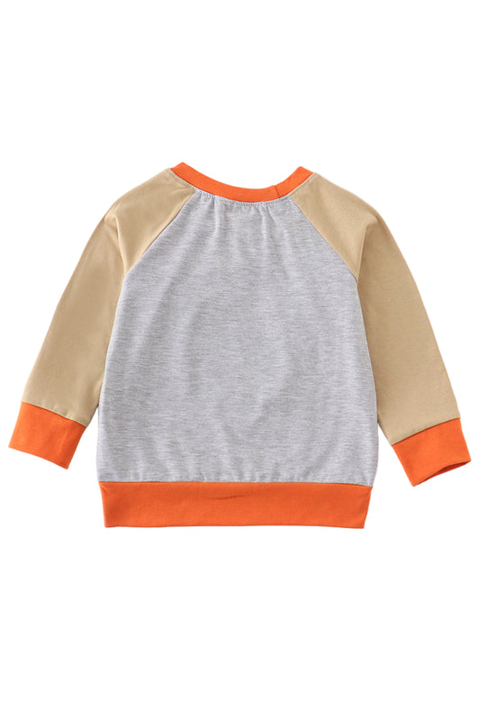 Children's sweatshirt with beige and orange sleeves on a white background