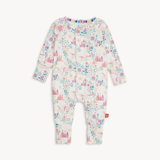 Baby onesie with castle and floral pattern on a white background