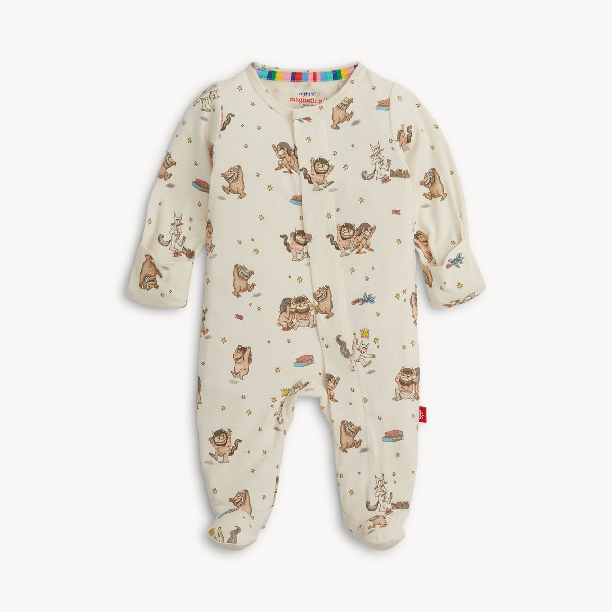 Baby footie with a Where the Wild Things Are print on a white background