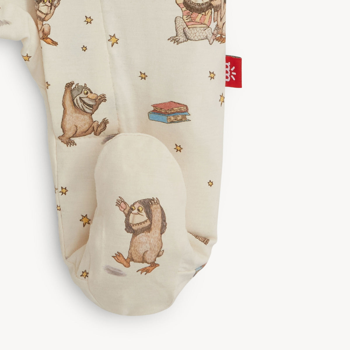 Infant footie with Where the Wild Things Are showing the print on the foot