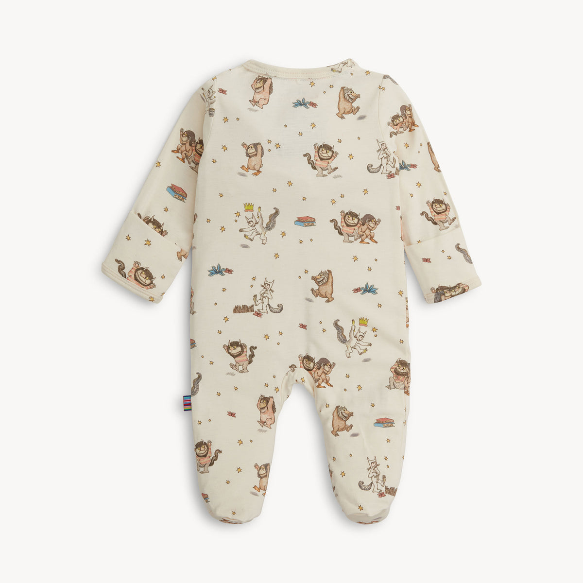back of Baby footie with a Where the Wild Things are pattern on a white background