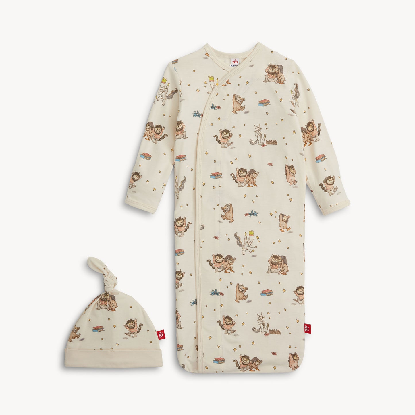 Baby sleeping gown with Where the Wild Things Are pattern and matching hat on a white background