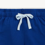 Blue shorts with a white drawstring on a white background