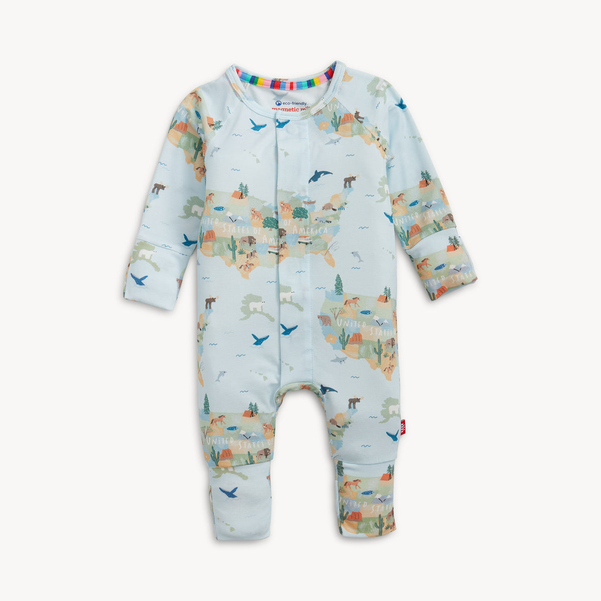 Baby onesie with a colorful animal pattern on a white background