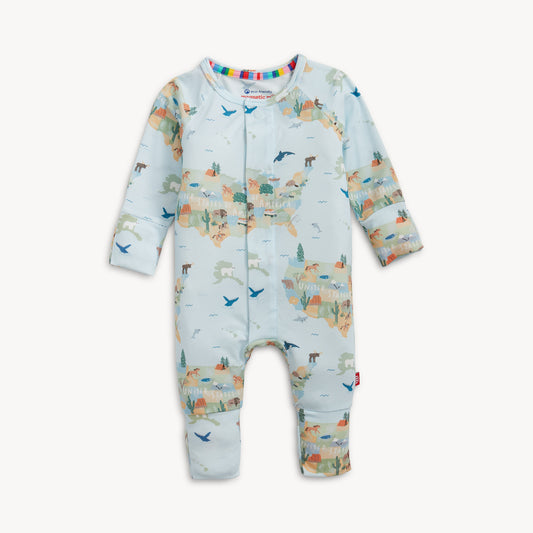 Baby onesie with a colorful animal pattern on a white background