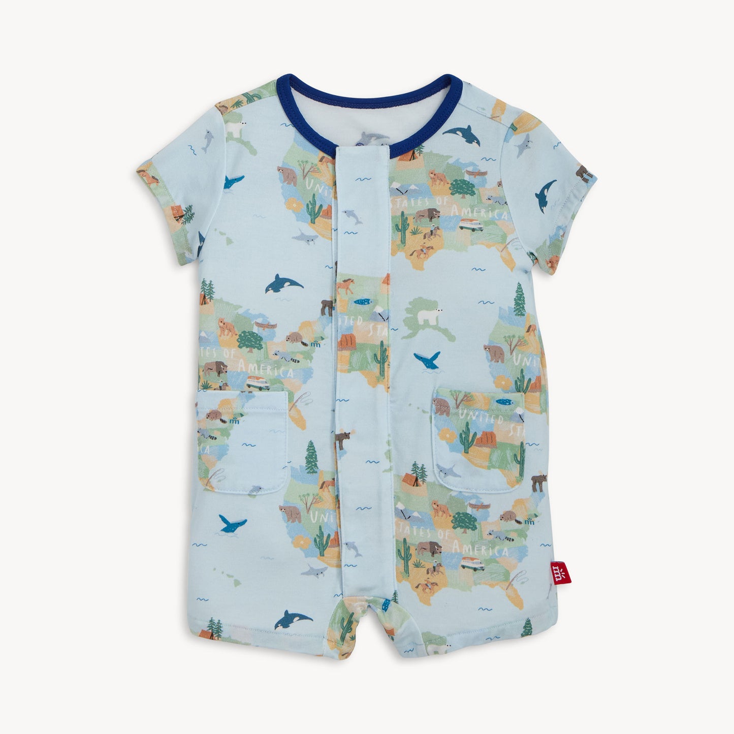 Baby romper with America travel pattern on a white background