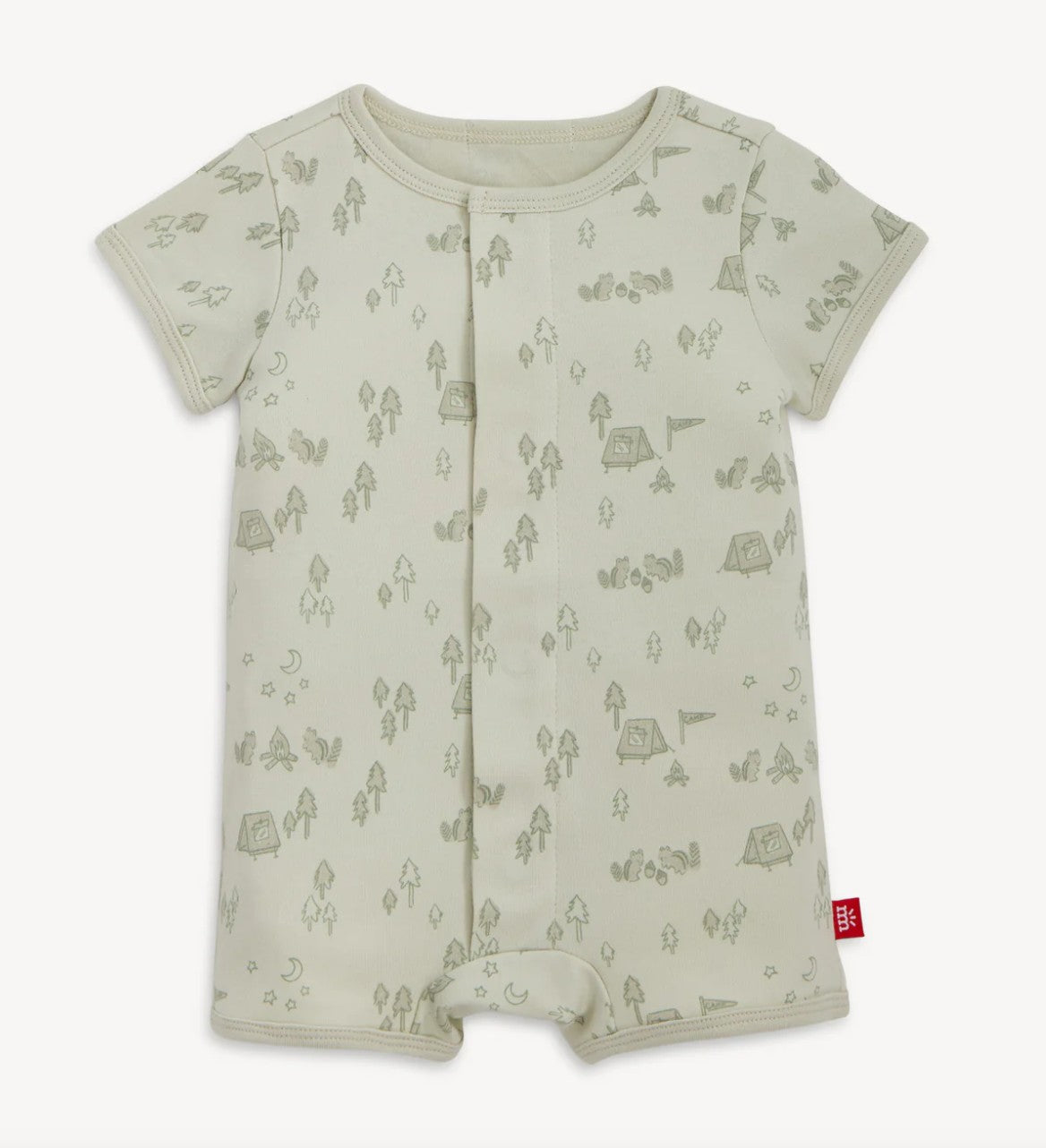 Baby romper with camping pattern on a white background