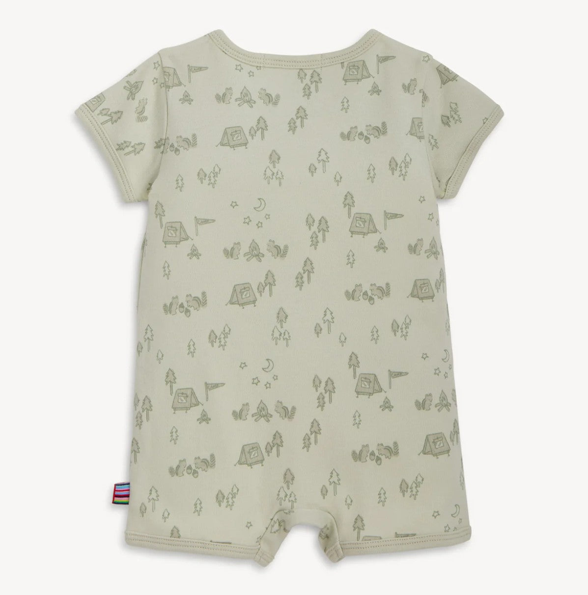 back of baby romper with  camping themed print on a light background