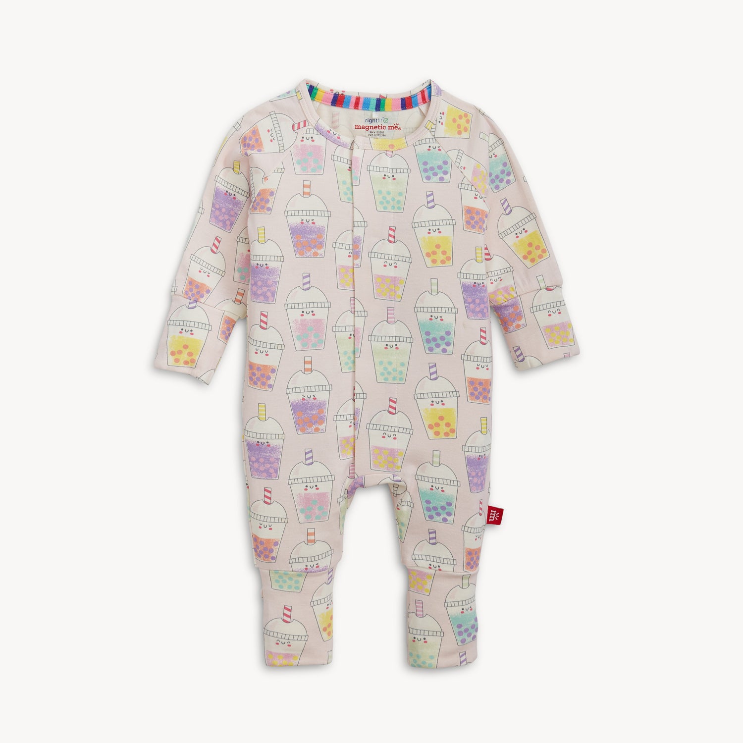 Baby coverall with colorful boba tea on a plain background