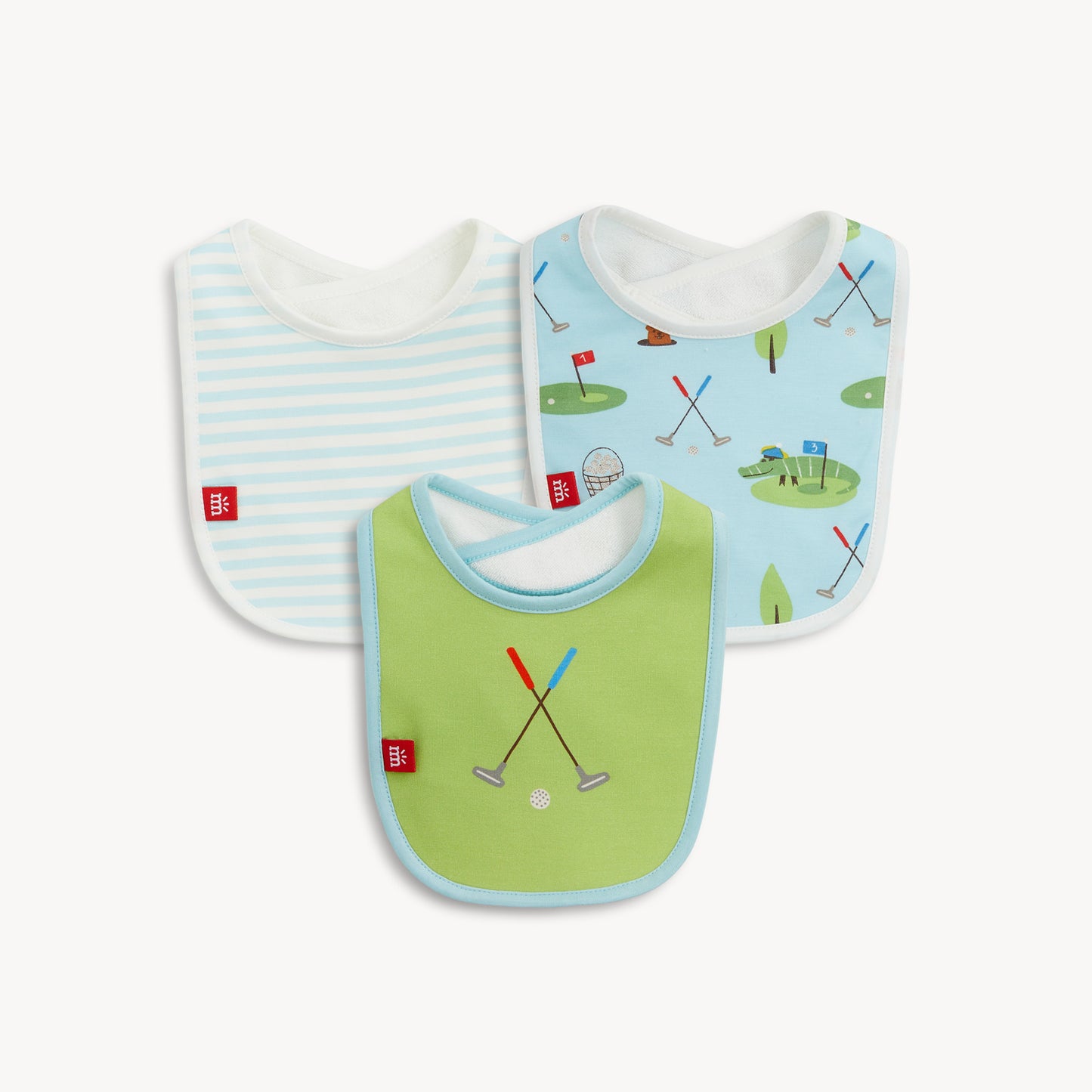 Three baby bibs with different patterns on a white background