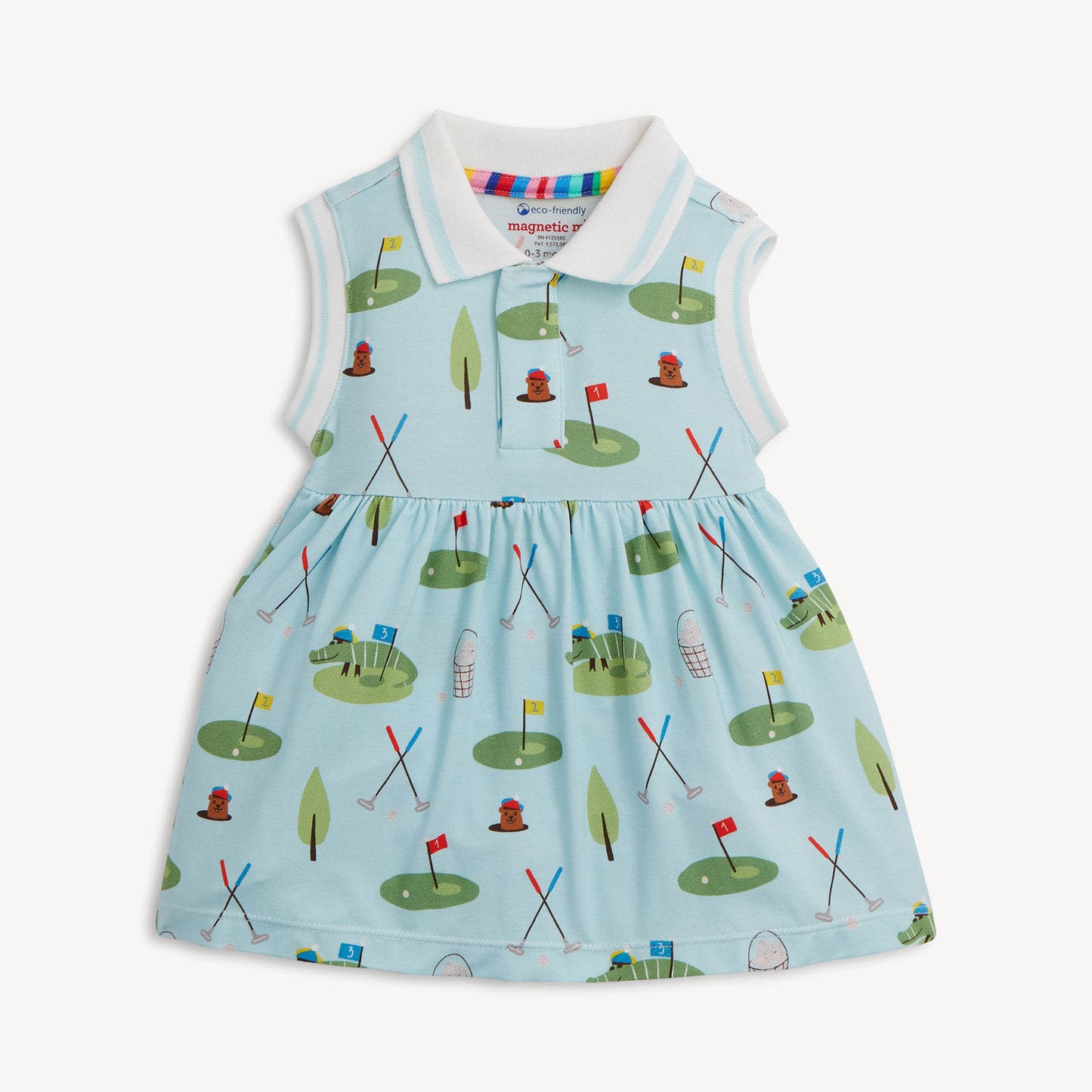 Infant body suit polo dress with golf theme print on a white background