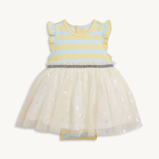 Yellow and blue striped dress with a tulle skirt on a white background