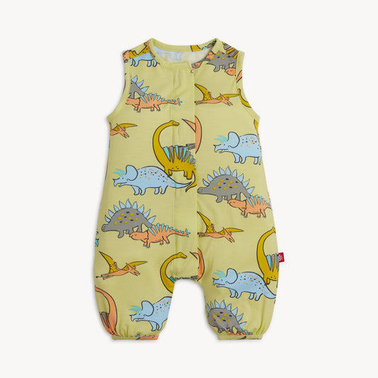 Baby romper with dinosaur pattern on a light green background