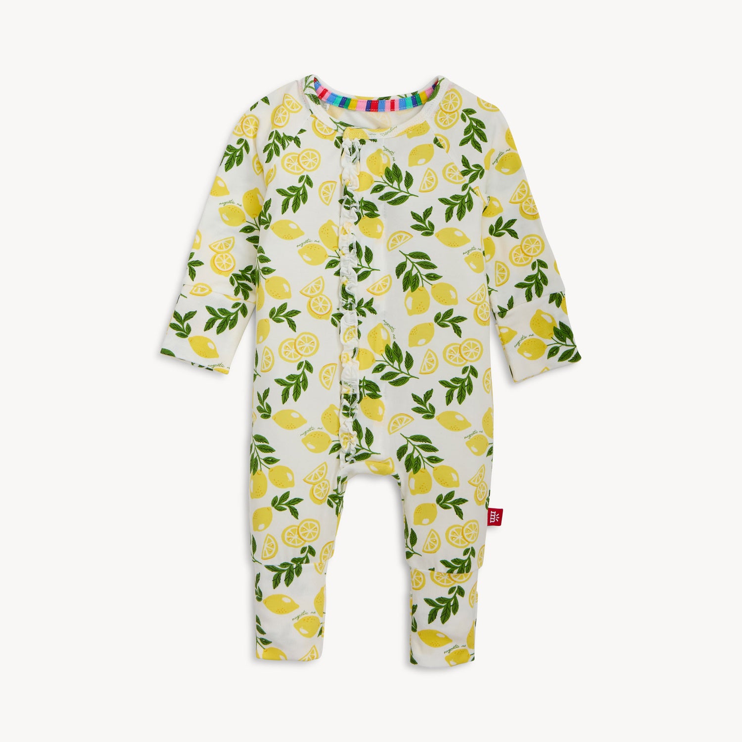 Baby coverall with lemon pattern on a white background