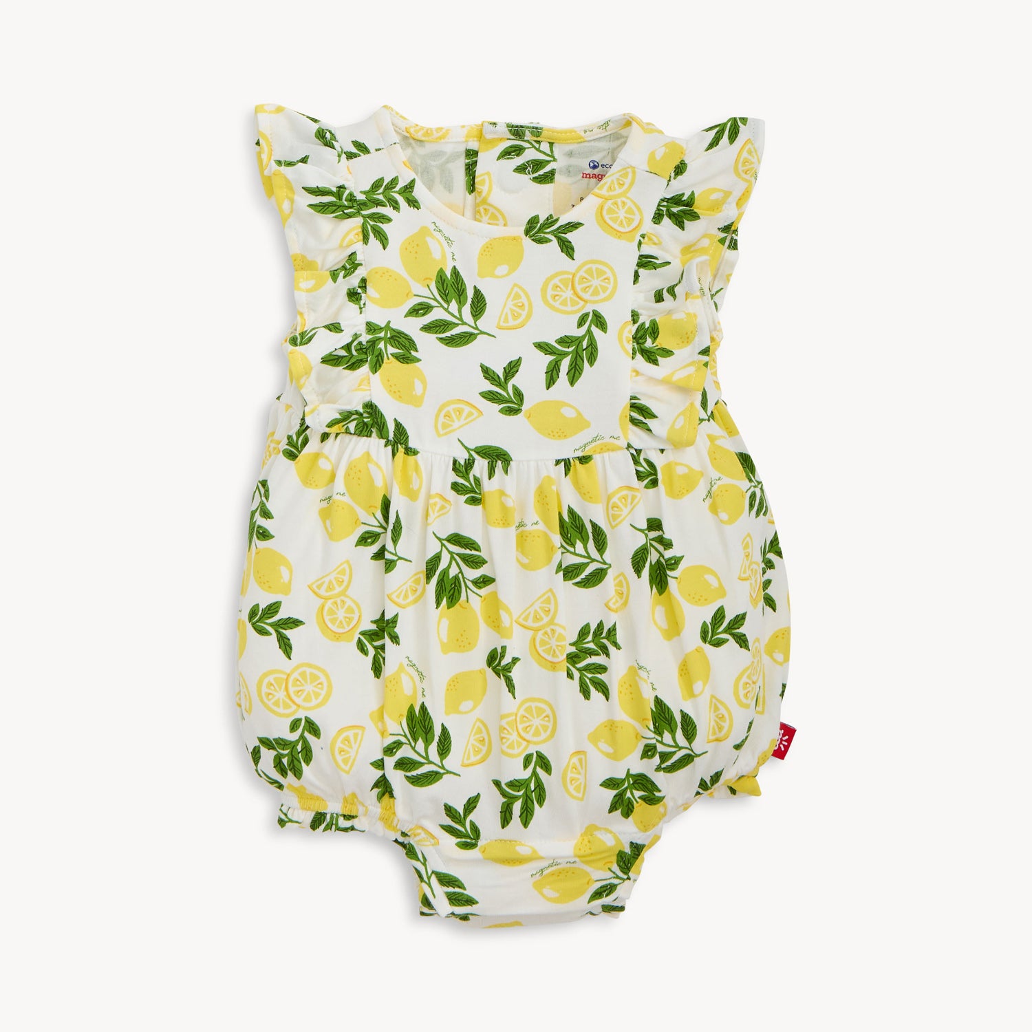 Baby romper with lemon pattern on a white background
