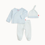 Baby outfit set with light blue cardigan, striped pants, and hat on a white background