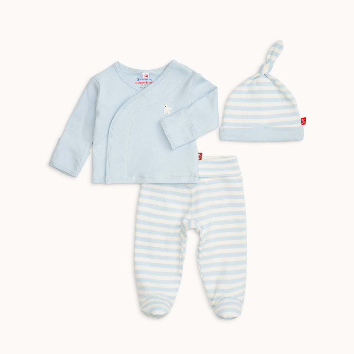 Baby outfit set with light blue cardigan, striped pants, and hat on a white background