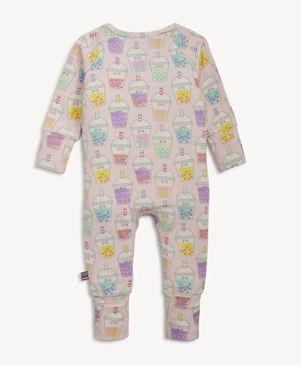 back of baby coverall with colorful boba tea pattern on a light pink background