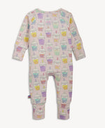 back of baby coverall with colorful boba tea pattern on a light pink background