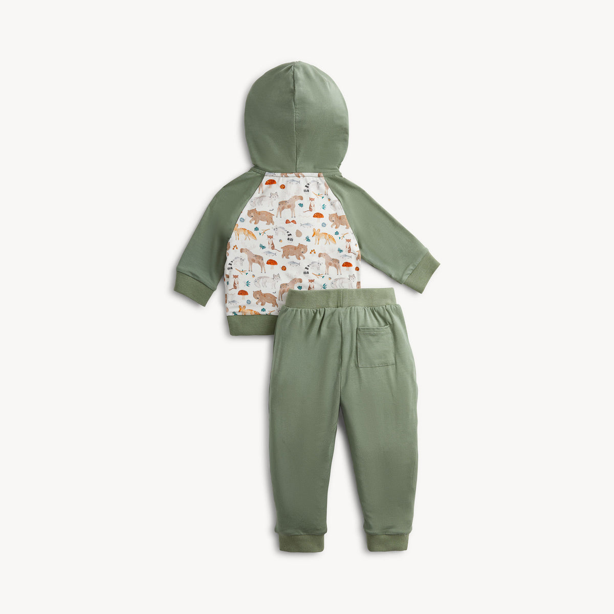 A baby two-piece clothing set featuring an olive green hooded long-sleeve top with a white raglan-style back panel decorated with a woodland animal pattern, paired with matching olive green jogger pants, shown against a plain light background.