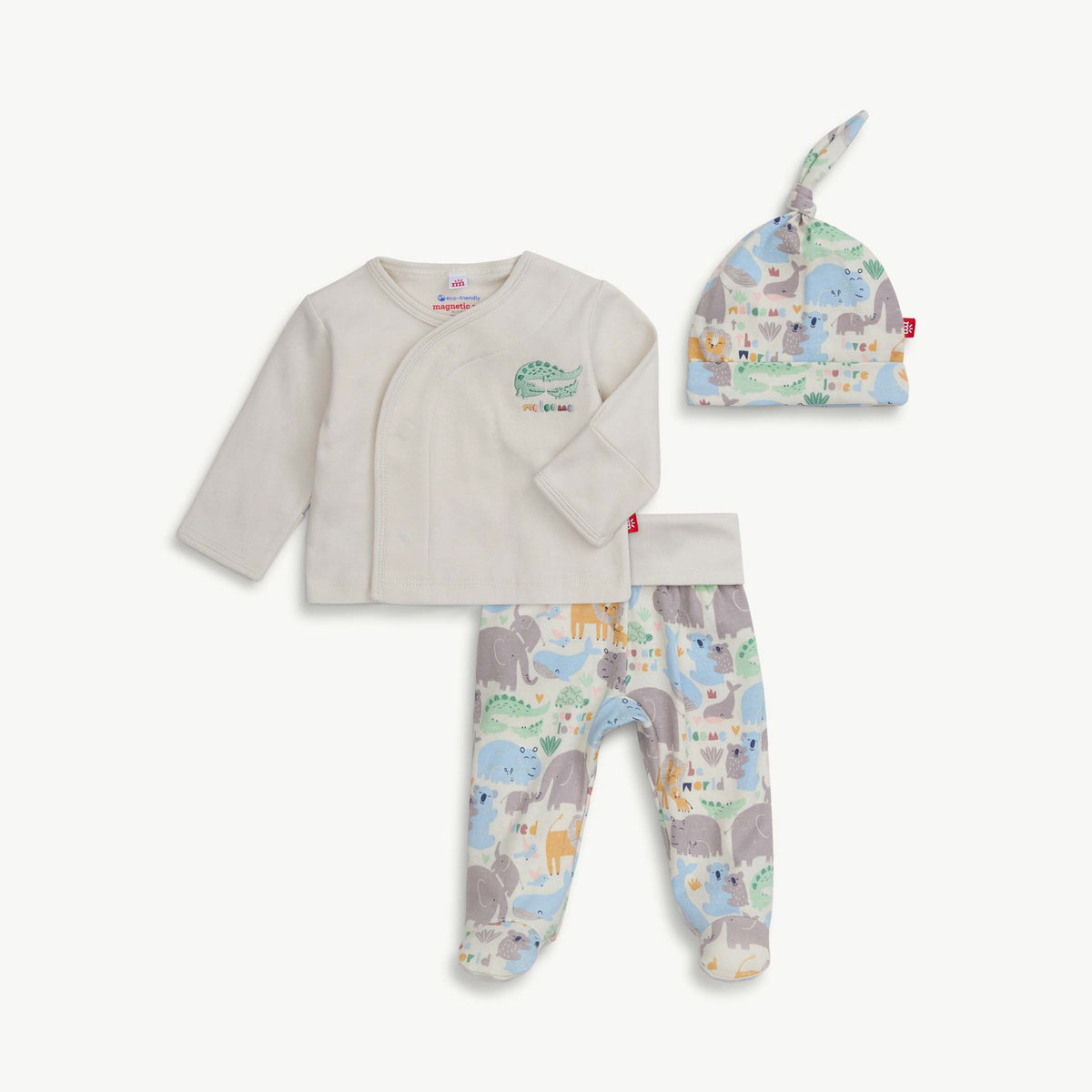 Baby outfit set with cardigan, pants, and hat on a white background