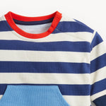 Close-up of a striped short-sleeve top with navy and off-white horizontal stripes, a red ribbed crew neck, and a light blue front pocket.