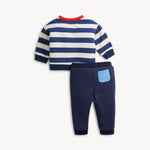 A two-piece baby outfit set featuring a navy and white horizontally striped long-sleeve top with a red collar, paired with navy blue pants that have a light blue pocket on the back.