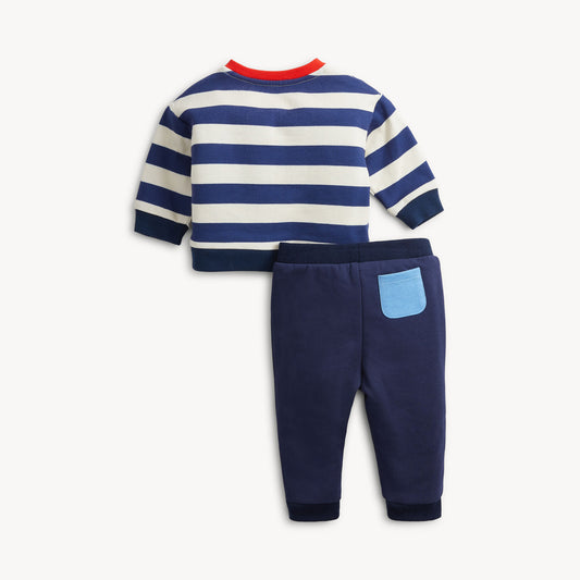 A two-piece baby outfit set featuring a navy and white horizontally striped long-sleeve top with a red collar, paired with navy blue pants that have a light blue pocket on the back.