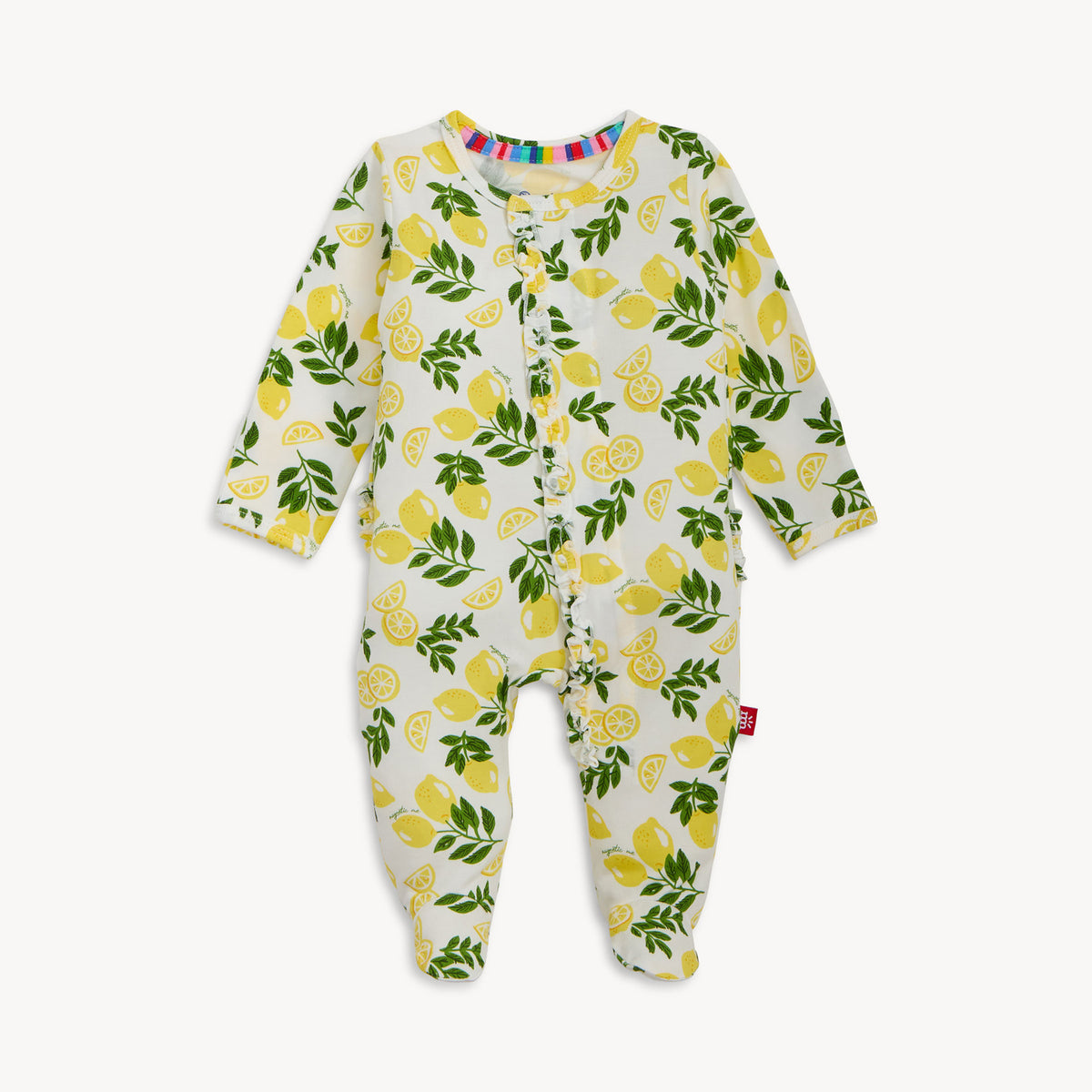Baby onesie with lemon pattern on a white background