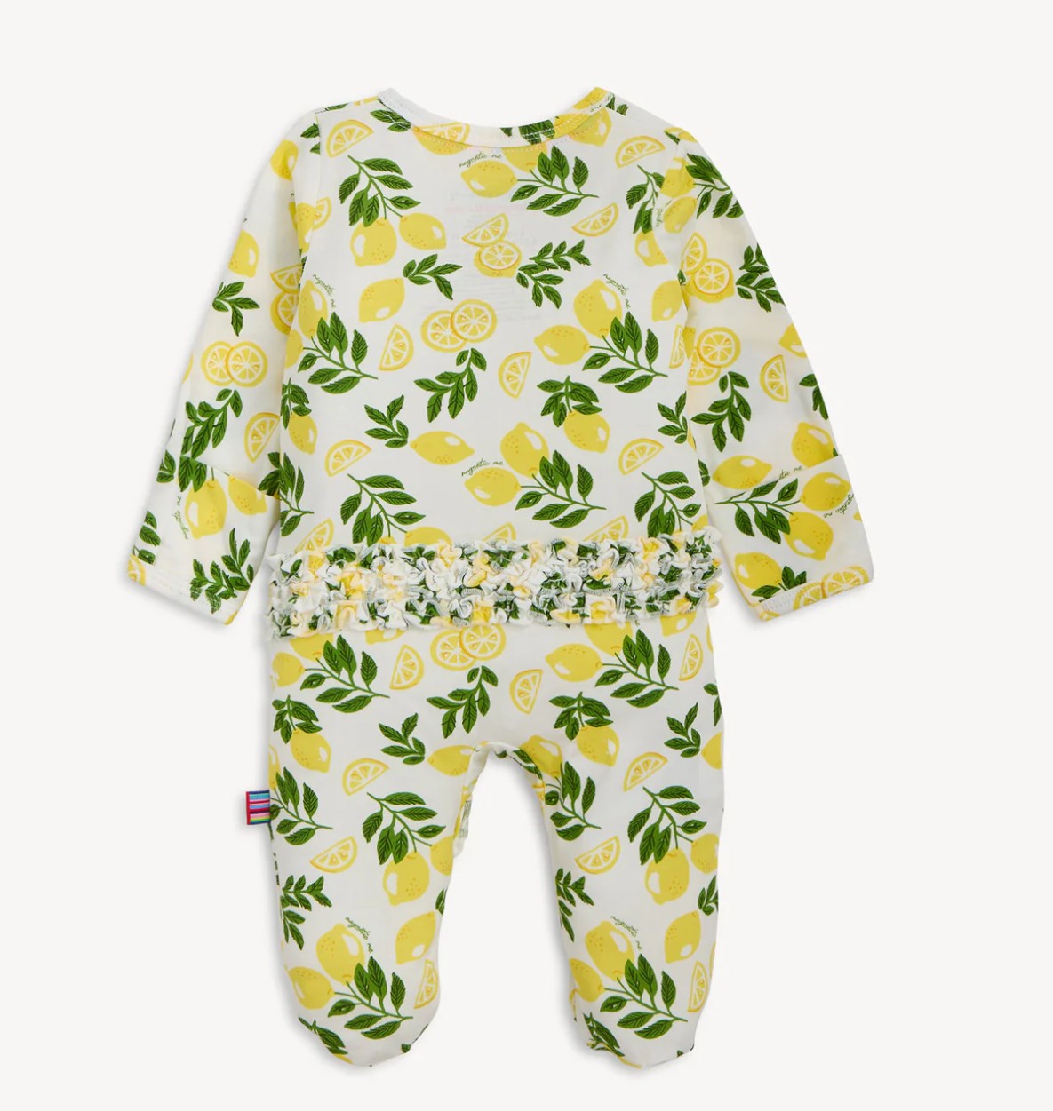 back of Baby onesie with lemon and leaf pattern on a white background