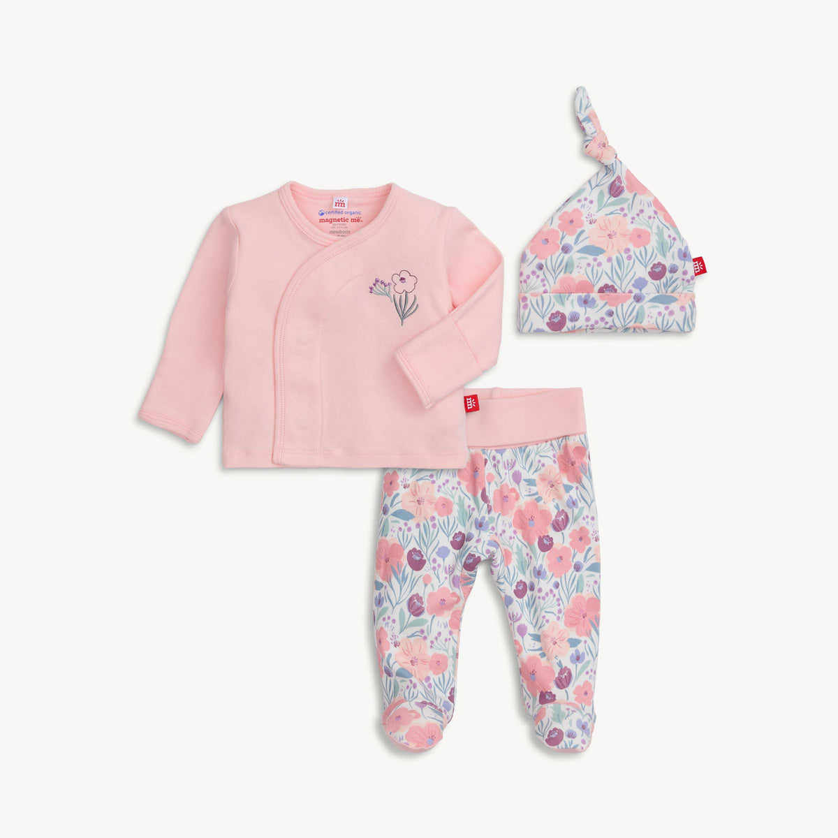 Baby outfit set with pink jacket, floral pants, and hat on a white background