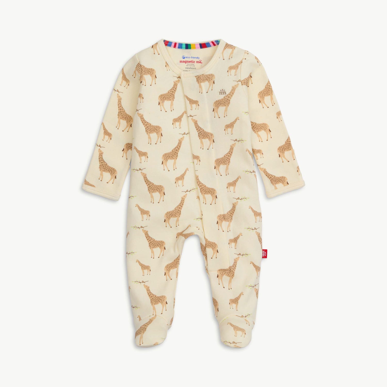 Baby onesie with giraffe pattern on a white background