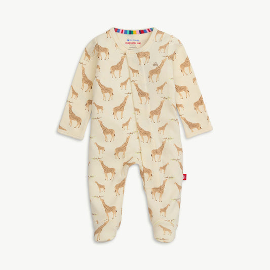 Baby onesie with giraffe pattern on a white background