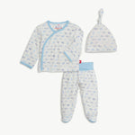 Baby outfit set with long-sleeve shirt, pants, and hat on a white background