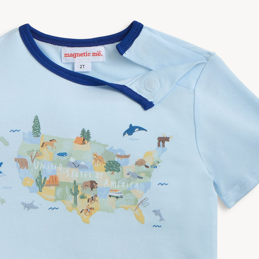 Light blue shirt with USA map and animals design on a white background