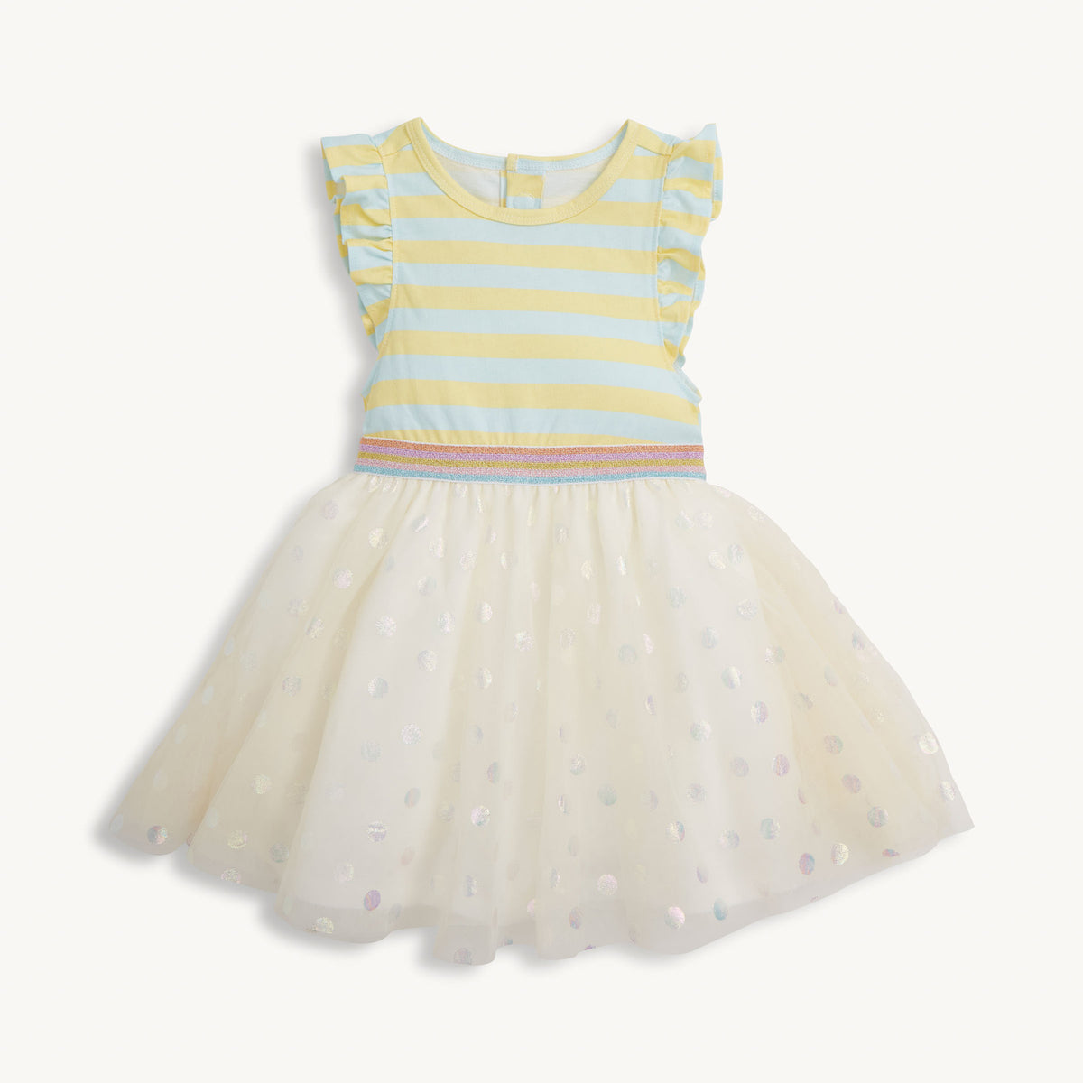 Children's dress with striped bodice and tulle skirt on a white background