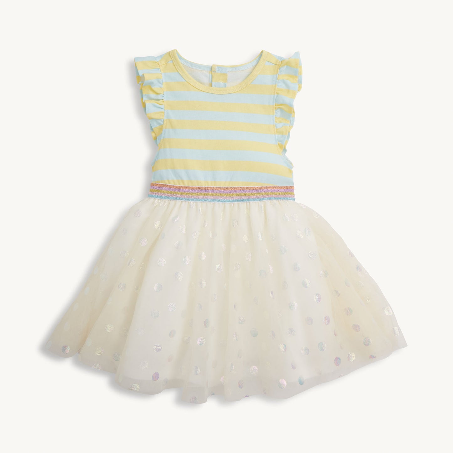 Children's dress with striped bodice and tulle skirt on a white background