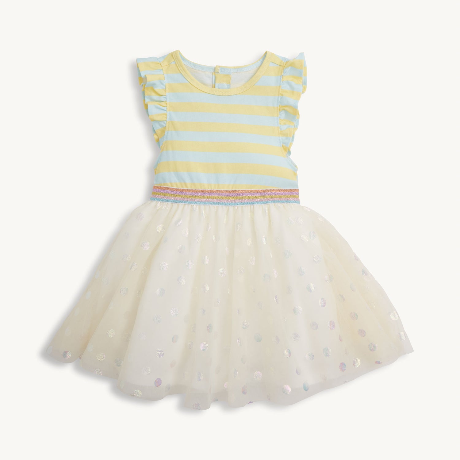 Children's dress with striped bodice and tulle skirt on a white background